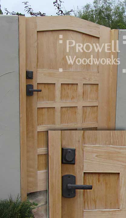 custom wood gate with bronze gate hardware