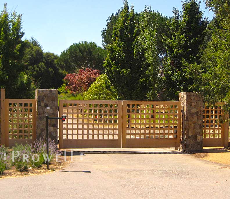 site photograph showing wood gate design #60 with driveway gates #13 in Marin County, CA