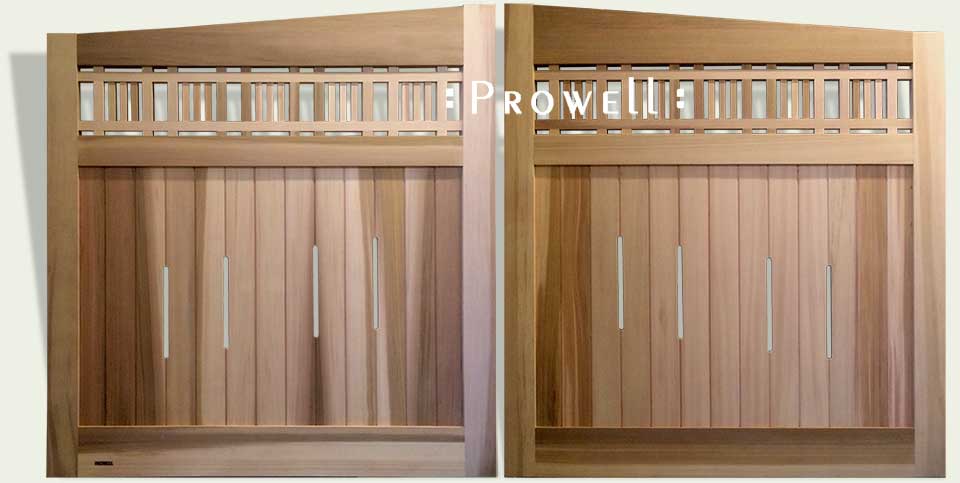 Arts and Crafts driveway gates with gable top in Pasadena from Prowell