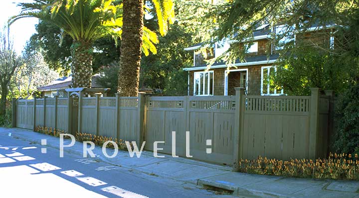 site photograph showing the sliding gate design #2 in Ross, CaliforniaWooden Driveway Gates style #2 with matching fence panels