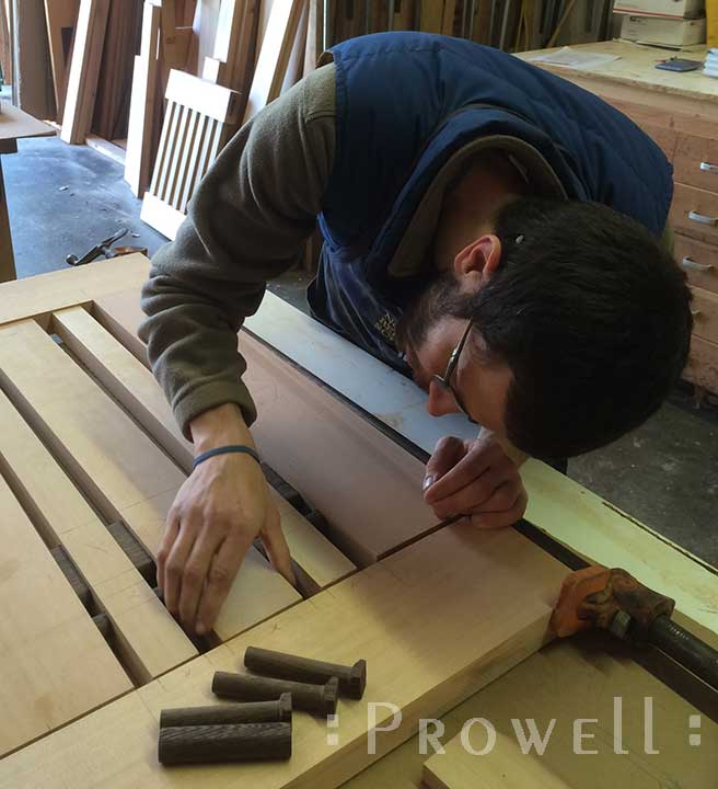 Shop photo showing how to align the upper tenons for a wood gate #115