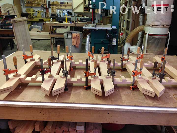 shop progress photo of clamping up the various miters for wood gate 3207