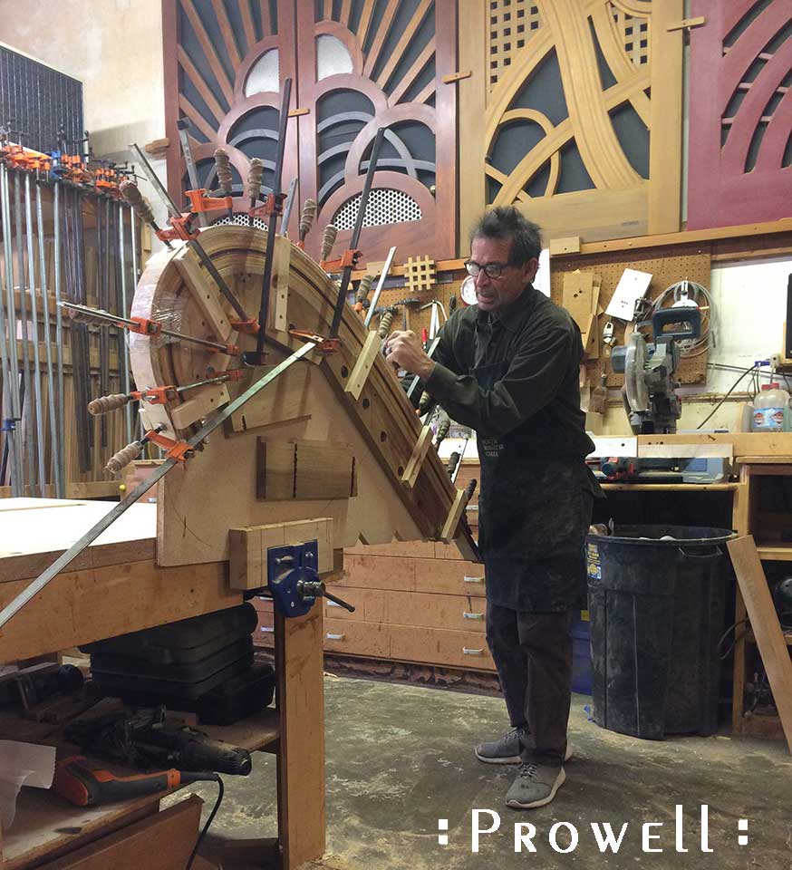shop progress photograph showing how to create bent laminations for the trompe l’oeil #215