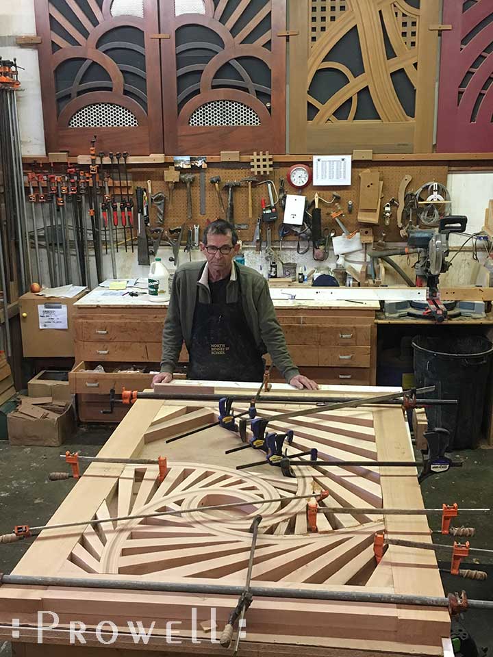 shop photo showing the spirograph garden gate #215 nearing completion.