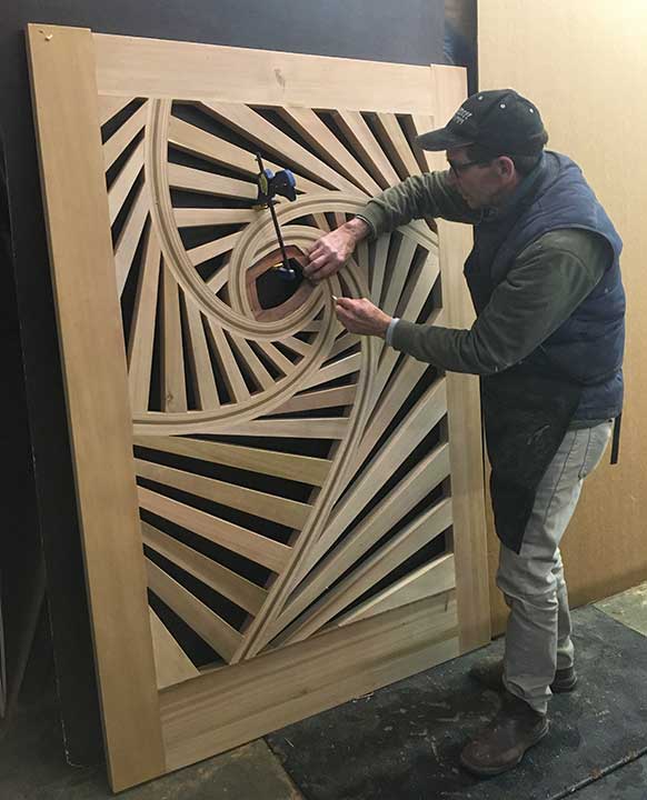 shop photo showing the pinwheel gate design #215 nearly finished. 