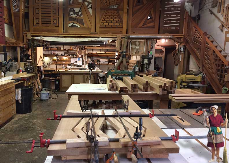 progress photograph in the wood shop showing the joinery of how to build wood gate design #216