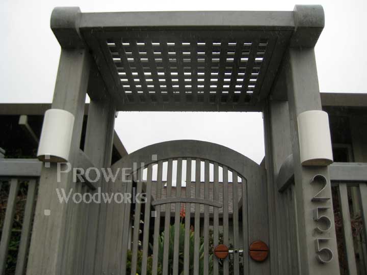 site photo showing the picket gate and the wood arbor together, in marin county, california