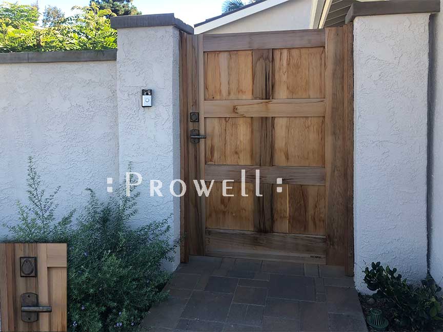 site photo of wooden gate #87-4 between stucco walls in Mission Viejo, California