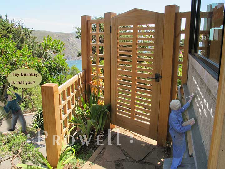 comical site photograph showing prowell and the outdoor wood gate #99-1