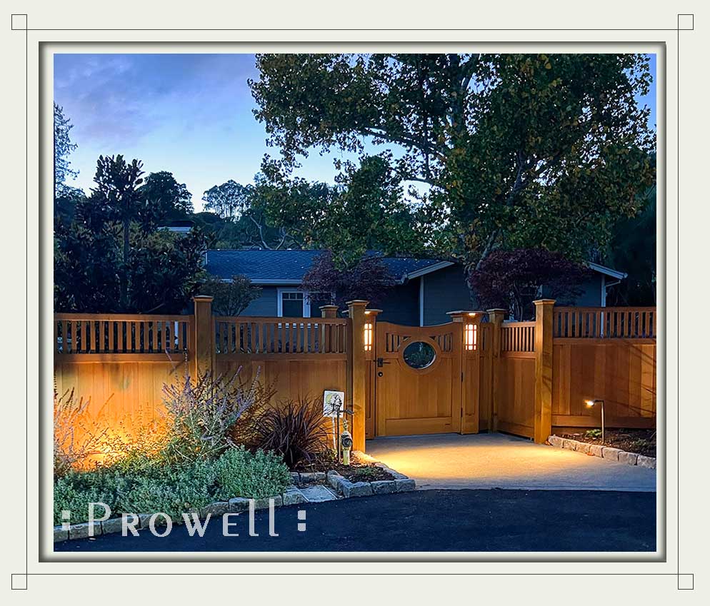 wooden garden gate #2-17 with lighted wood gate columns in san rafael, ca 