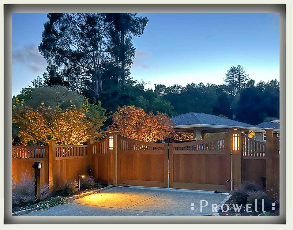wood lighted driveway gate columns #10d in Marin County, CA