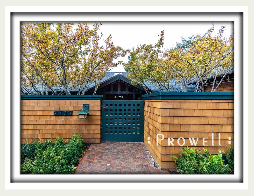 Wood entry gates with grids in Berkeley, CA.