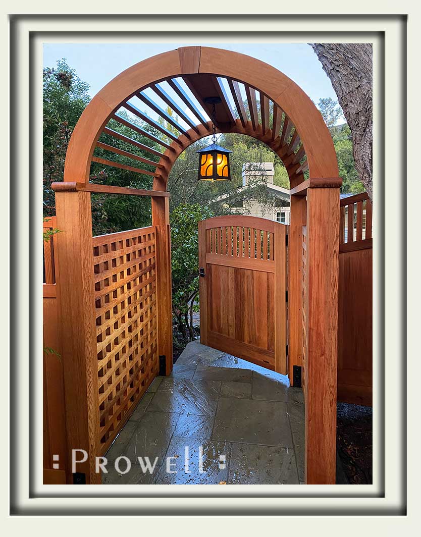 4-post arching wood arbor 14-3 with gate. Marin County, CA.