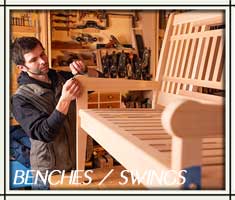 Custom wood garden benches and swings.