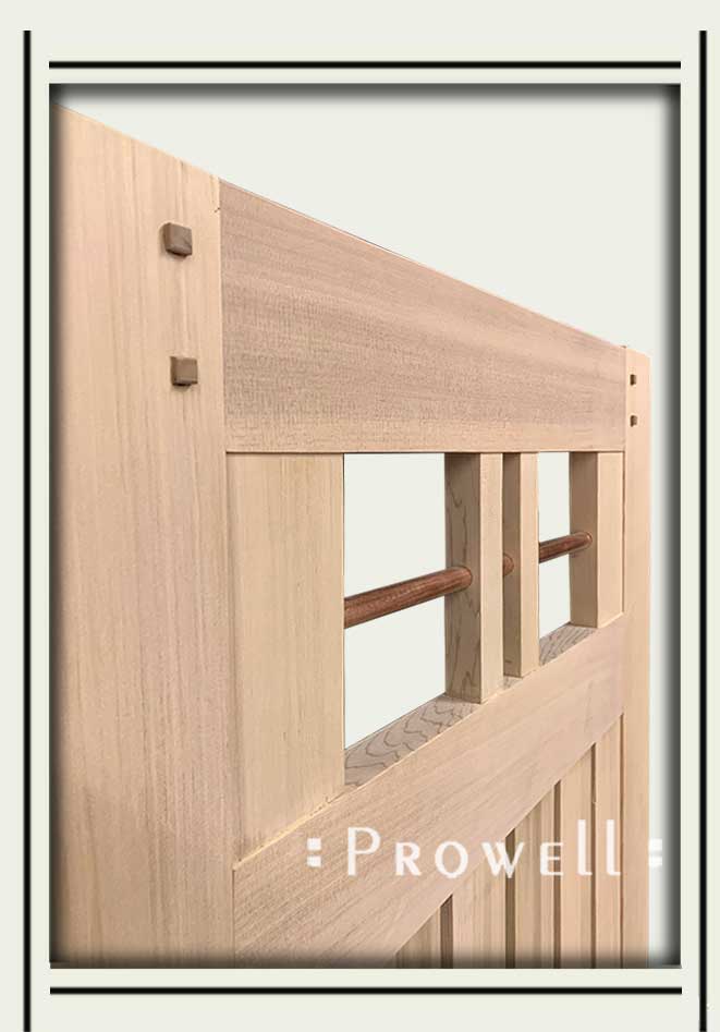 Wood gate joinery with integrity pins.